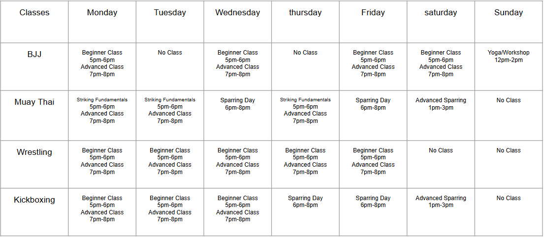 Classes Schedule